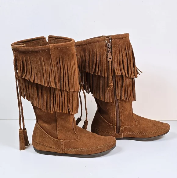 Minnetonka Double Fringe Suede Moccasin Indie Boho Boots Brown Size 5 - Picture 3 of 16